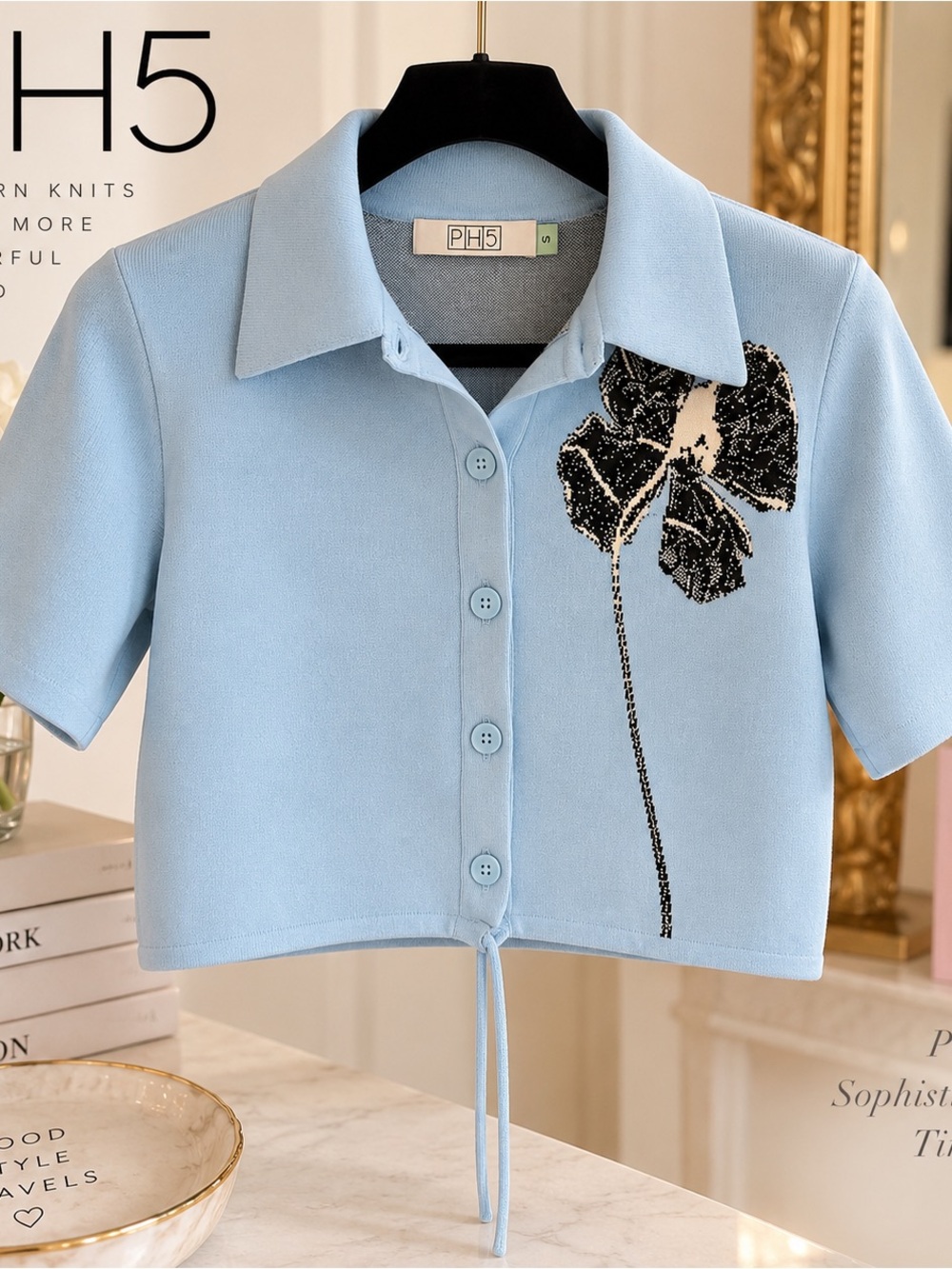 PH5 Pale Blue Short-Sleeve Cropped Button-Up with Black Floral Motif
